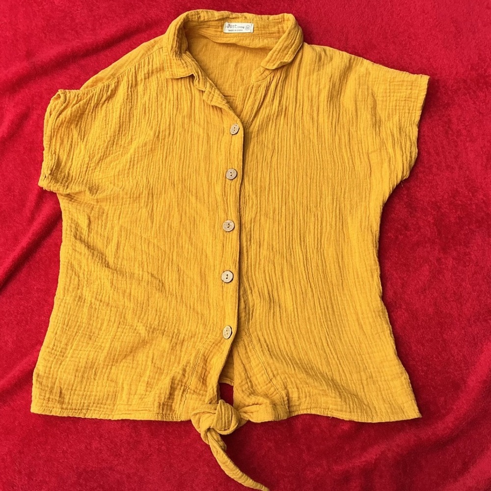 Just Living Cotton Gauze Button Down Tie Front Top Womens Medium Mustard Yellow